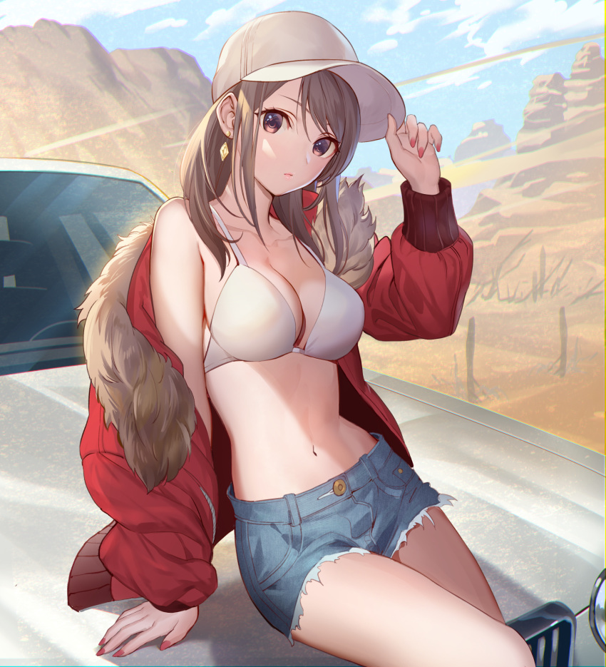 1girl arm_support bangs bare_shoulders baseball_cap bikini_top blue_sky breasts brown_eyes brown_hair buttons car cleavage closed_mouth cloud collarbone cutoffs day denim denim_shorts desert earrings fur-trimmed_jacket fur_trim ground_vehicle hand_on_headwear hand_up hat head_tilt highres jacket jewelry lipstick long_hair long_sleeves looking_at_viewer makeup medium_breasts motor_vehicle nail_polish navel off_shoulder open_clothes open_jacket original outdoors puffy_sleeves red_jacket red_nails short_shorts shorts sidelocks sitting sky solo stomach swept_bangs teffish thighs white_bikini_top white_hat zipper