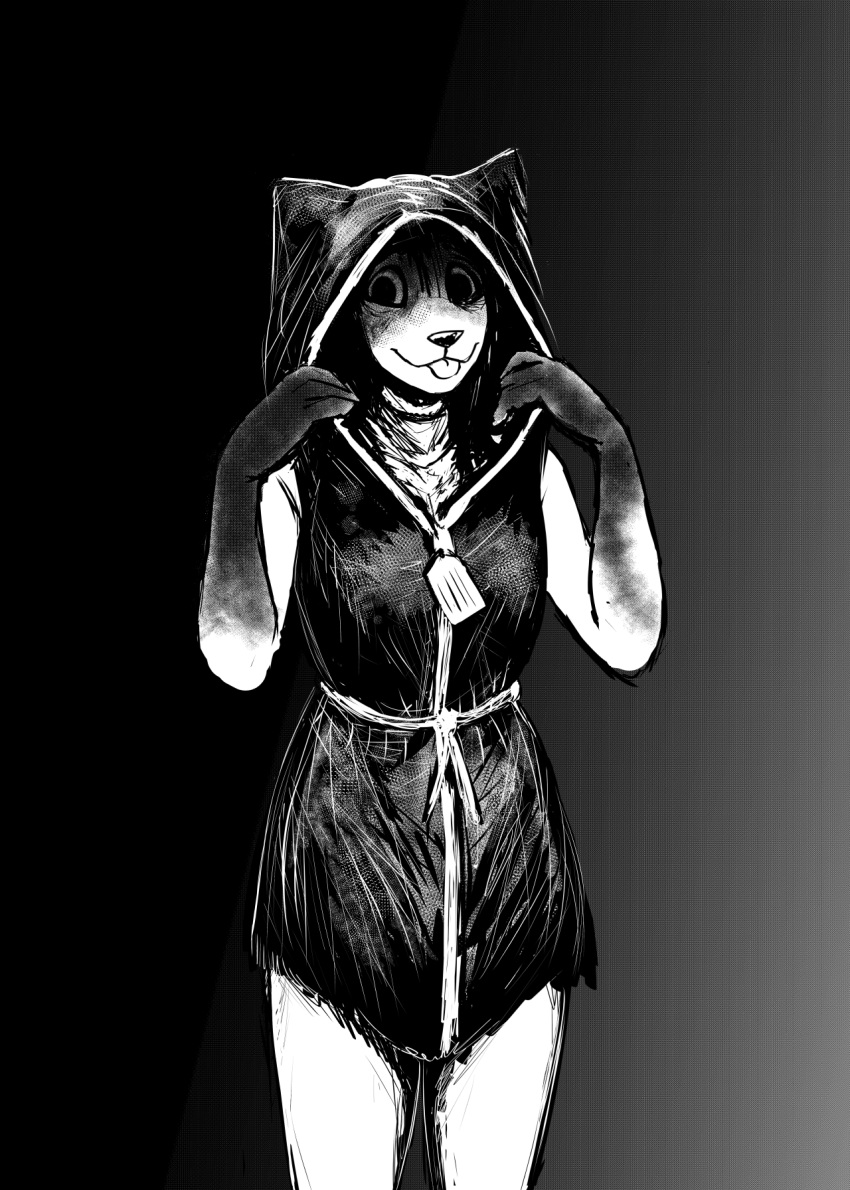 2022 anthro black_and_white blep body_bag canid canine canis carol_(hladilnik) clothing domestic_dog dress female ghost gradient_background hi_res hladilnik looking_at_viewer mammal monochrome simple_background solo spirit tongue tongue_out