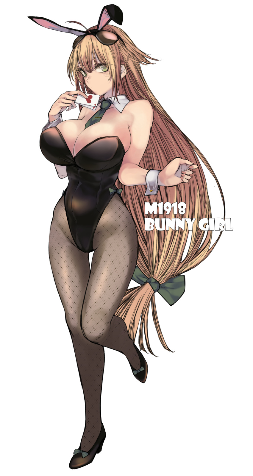 1girl absurdres animal_ears bangs bare_shoulders between_breasts black_footwear black_legwear black_leotard blonde_hair breasts card character_name collar commentary_request detached_collar fake_animal_ears full_body girls'_frontline green_eyes green_neckwear hair_between_eyes high_heels highres holding holding_card kojima_(blue_stardust) large_breasts leg_up leotard long_hair low-tied_long_hair m1918_(bunny_girl)_(girls'_frontline) m1918_(girls'_frontline) official_alternate_costume open_mouth pantyhose playboy_bunny playing_card rabbit_ears revision standing strapless strapless_leotard very_long_hair white_background wrist_cuffs
