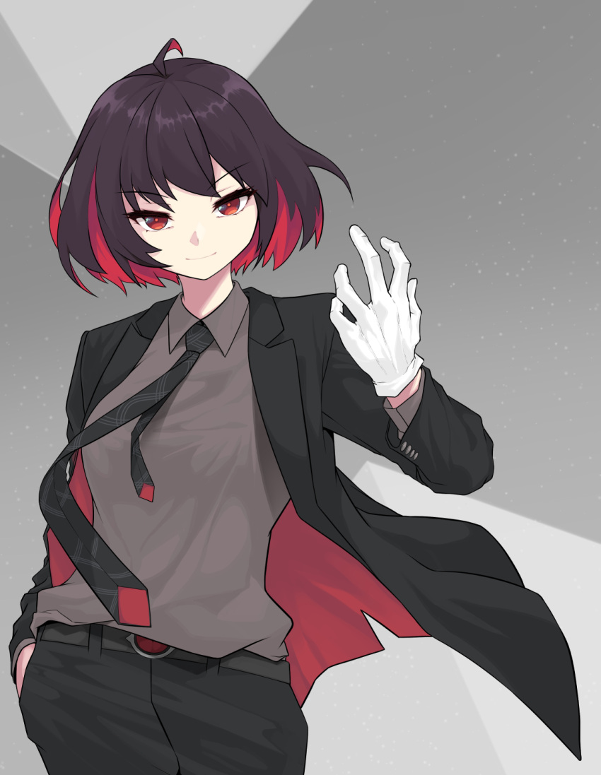 1girl arka91 bangs belt black_jacket black_necktie black_pants bob_cut brown_shirt closed_mouth formal gloves grey_background highres honkai_(series) honkai_impact_3rd jacket long_sleeves looking_at_viewer medium_hair necktie pants polo_shirt red_eyes red_hair seele_(alter_ego) seele_vollerei shirt simple_background smile solo white_gloves