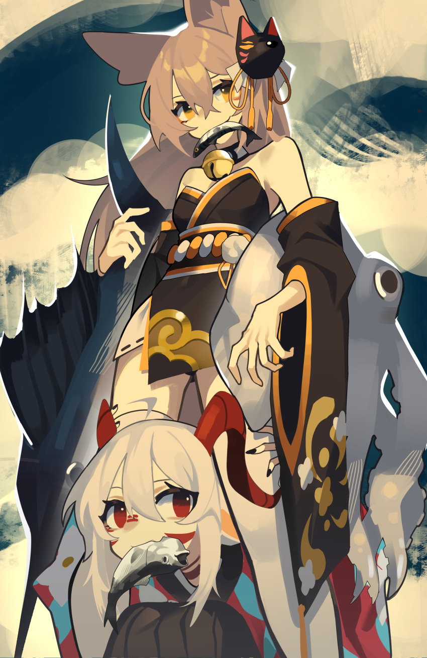 2girls absurdres animal_ear_fluff animal_ears bell black_kimono detached_sleeves fenrir_(ghost_(tama)) fish fox_mask ghost_(tama) hanah_(populamalus) highres horns in_mouth japanese_clothes kimono looking_to_the_side mask mask_on_head multiple_girls neck_bell obi original red_eyes sash squid swordfish wolf_ears wolf_girl yellow_eyes