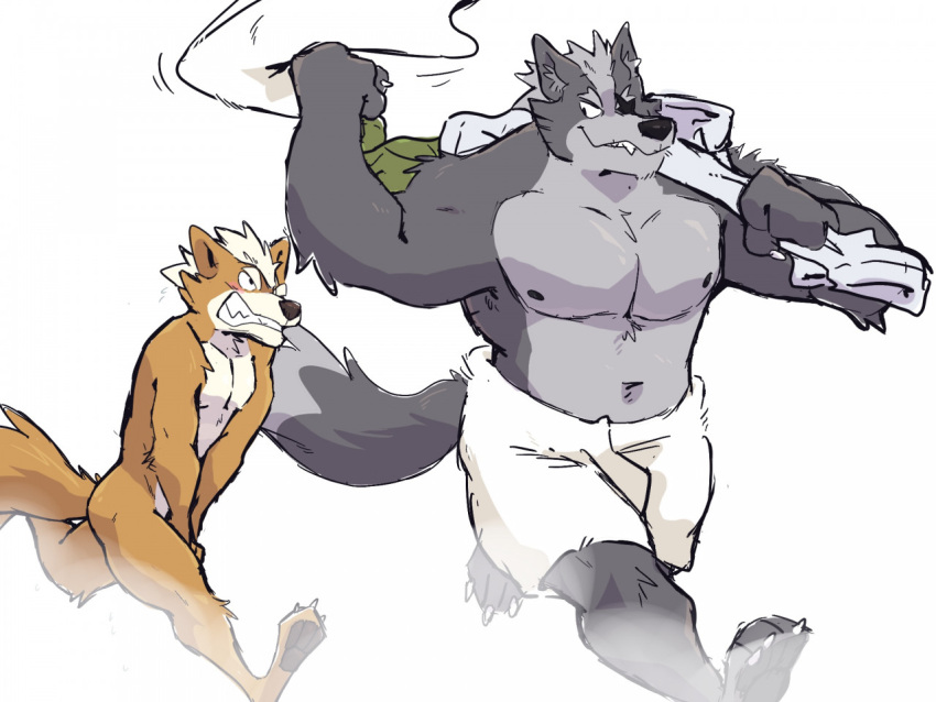anthro blush canid canine canis claws clenched_teeth duo embarrassed fox fox_mccloud fur grey_body grey_fur male male/male mammal multicolored_body multicolored_fur muscular muscular_male navel nintendo nipples nude orange_body orange_fur pawpads running skipperz star_fox steam teasing teeth towel towel_on_shoulder towel_only two_tone_body two_tone_fur video_games wolf wolf_o'donnell
