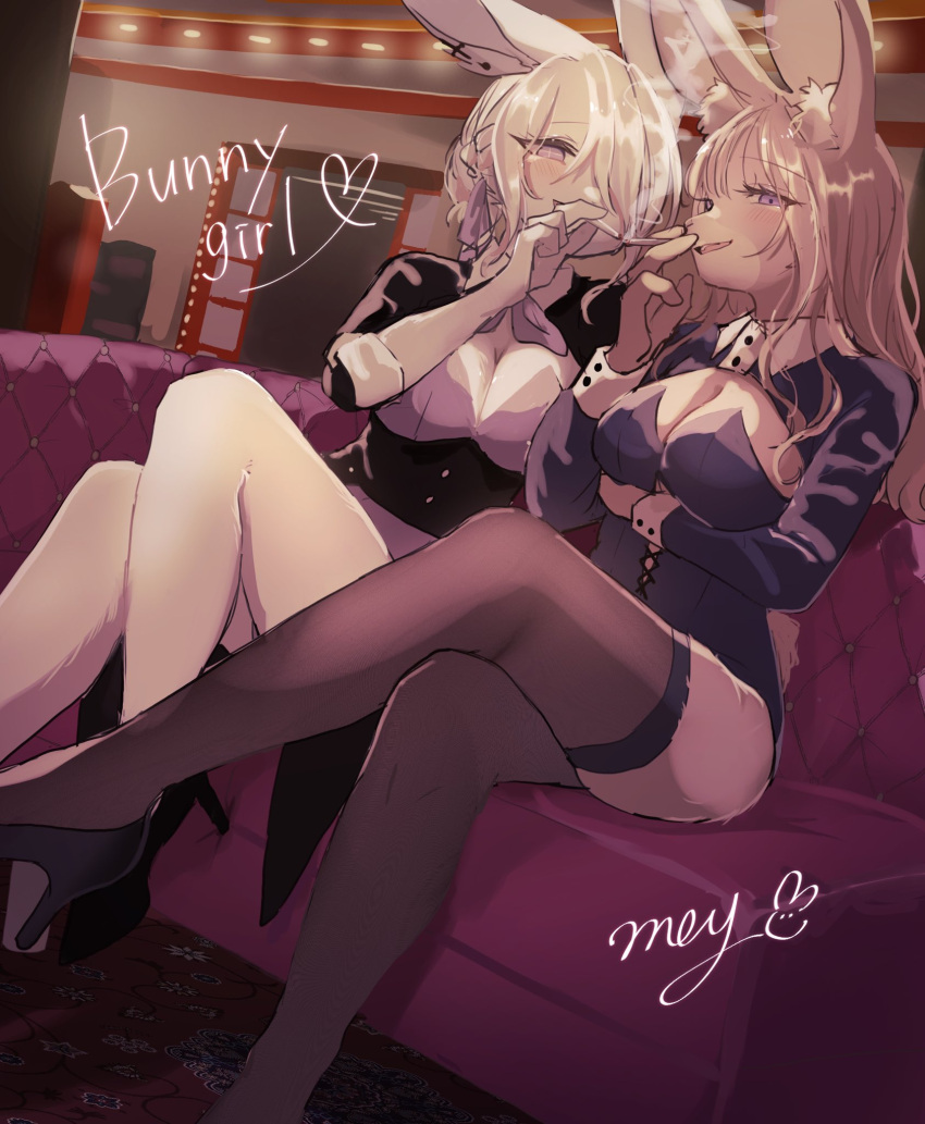 115meg 2022 4_fingers anthro big_breasts black_clothing black_heels black_legwear black_thigh_highs blonde_hair blush breasts cleavage clothed clothing crossed_legs detailed_background duo ear_tuft english_text female fingers fur hair hi_res kemono lagomorph legwear leporid lights long_hair looking_at_viewer mammal narrowed_eyes open_mouth open_smile rabbit red_couch sitting smile text thigh_highs tuft white_body white_fur white_hair yellow_eyes