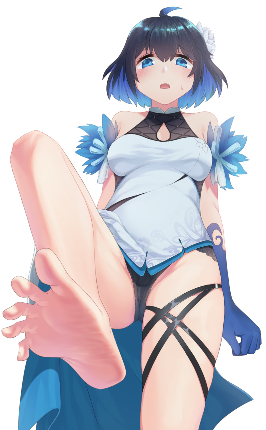 1girl :o arka91 bangs bare_shoulders barefoot black_panties blue_eyes blue_gloves blue_hair bob_cut breasts chinese_clothes dress flower gloves hair_flower hair_ornament highres honkai_(series) honkai_impact_3rd looking_at_viewer medium_hair open_mouth panties seele_vollerei seele_vollerei_(stygian_nymph) simple_background sleeveless sleeveless_dress soles solo toes underwear white_background white_dress white_flower