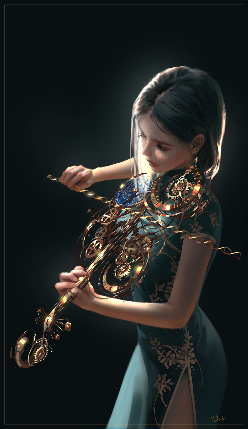 1girl absurdres earrings highres holding instrument jewelry long_hair music original playing playing_instrument short_sleeves simple_background violin wlop