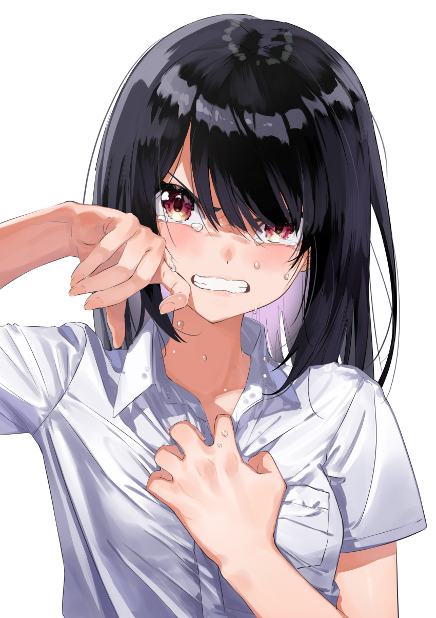 1girl absurdres angry arm_up black_hair breast_pocket clenched_teeth collared_shirt crying crying_with_eyes_open dress_shirt hair_over_one_eye hand_on_own_chest highres long_hair looking_at_viewer open_mouth original pocket red_eyes shirt short_sleeves simple_background solo taiga_(ryukyu-6102-8) tears teeth v-shaped_eyebrows white_background wing_collar