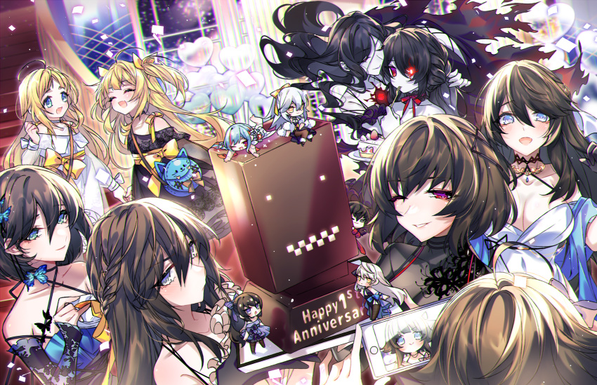1boy 6+girls ahoge alternate_costume animal_print anniversary bare_shoulders black_hair blonde_hair blue_eyes braid breasts brown_hair butterfly_hair_ornament butterfly_print cake cellphone cleavage collarbone confetti counter:side dress eins_(counter_side) elizabeth_pendragon food gaeun hair_ornament heart highres hilde_(counter:side) joo_shiyoon joo_shiyoung karin_wong machine-g.a.p. ministra multiple_girls pale_skin phone red_eyes robot shaenya_1024 shin_jia siblings sigma_(counter_side) smartphone spira_(counter:side) stairs taking_picture twins yang_harim yoo_mina zwei_(counter_side)