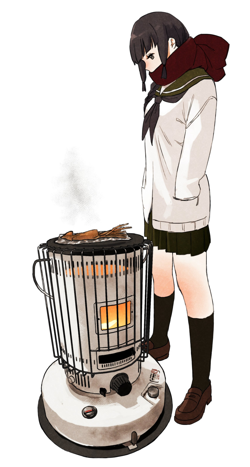 1girl absurdres bangs beige_cardigan black_hair black_legwear blunt_bangs braid cardigan commentary_request full_body green_sailor_collar green_skirt hair_over_shoulder hair_ribbon hands_in_pockets heater highres ikayaki kantai_collection kerosene_heater kitakami_(kancolle) kneehighs loafers long_hair pleated_skirt red_scarf ribbon sailor_collar scarf school_uniform serafuku shishanmo shoes sidelocks single_braid skirt solo squid stove tress_ribbon