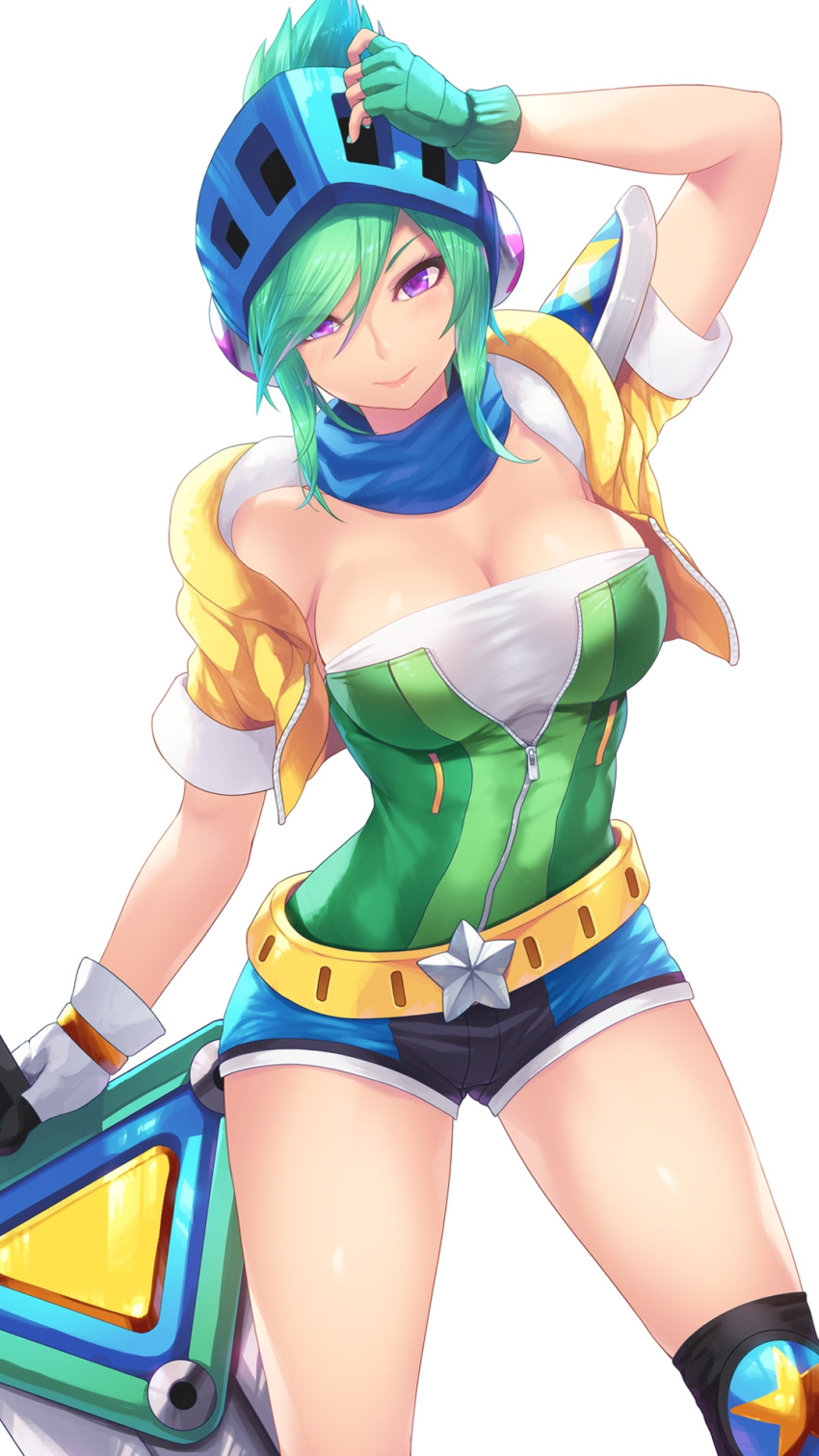 1girl alternate_costume arcade_riven arm_up bangs bare_shoulders black_legwear black_shorts blue_scarf blue_shorts breasts cait_aron cleavage fingerless_gloves gloves green_hair helmet highres jacket large_breasts league_of_legends looking_at_viewer medium_breasts photoshop_(medium) purple_eyes riven_(league_of_legends) scarf short_hair short_shorts shorts simple_background single_thighhigh smile solo star_(symbol) sword thighhighs weapon white_background white_gloves yellow_belt yellow_jacket