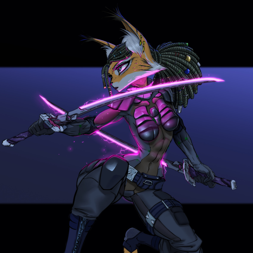 1girl absurdres cyberpunk dual_wielding flarefox furry glowing highres holding holding_weapon long_hair lynx_(animal) military military_uniform original science_fiction solo sword uniform weapon