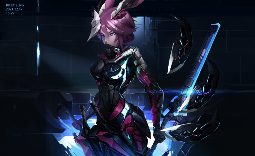 1girl 2021 absurdres animal_ears artist_name bangs closed_mouth dual_wielding fox_ears fox_mask glowing glowing_sword glowing_weapon hair_between_eyes highres holding holding_sword holding_weapon honkai_(series) honkai_impact_3rd katana mask ninja pink_hair purple_eyes ricky93628 solo sword weapon yae_kasumi yae_sakura yae_sakura_(darkbolt_jonin)