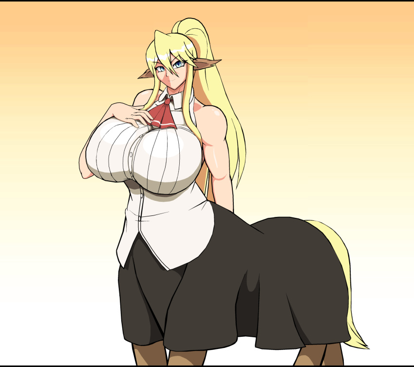 big_breasts blonde_hair breasts centaur centorea_shianus_(monster_musume) clothed clothing droll3 equid equid_taur female hair hand_on_breast hi_res horse_tail huge_breasts humanoid_taur looking_at_viewer mammal mammal_taur monster_girl_(genre) monster_musume solo taur