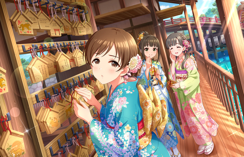 3girls alternate_hairstyle architecture artist_request bangs blunt_bangs braid brown_eyes brown_hair closed_mouth day east_asian_architecture ema eyebrows_visible_through_hair floral_print flower green_eyes green_kimono hair_bun hair_flower hair_ornament hamaguchi_ayame idolmaster idolmaster_cinderella_girls idolmaster_cinderella_girls_starlight_stage japanese_clothes kimono kobayakawa_sae long_hair long_sleeves looking_at_viewer multiple_girls new_year nitta_minami official_art open_mouth parted_bangs pout print_kimono sash smile sunlight water wide_sleeves