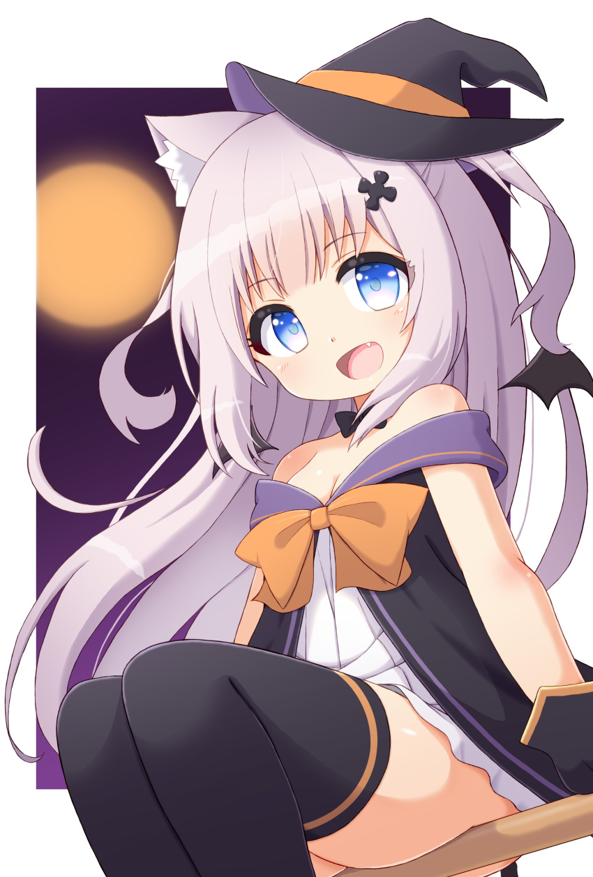 1girl :d absurdres animal_ear_fluff animal_ears bangs black_dress black_legwear blue_eyes blush bow bow_dress bowtie breasts character_request cleavage demon_wings dress eyebrows_visible_through_hair fang hair_ornament hairpin halloween hat highres long_hair looking_at_viewer mogura2009 multicolored_clothes multicolored_dress off_shoulder orange_bow original purple_hair simple_background small_breasts smile solo thighhighs two_side_up very_long_hair virtual_youtuber white_dress wings witch_hat zettai_ryouiki