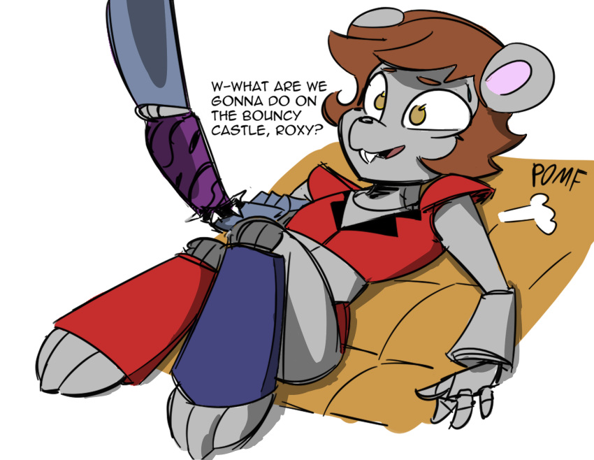 animatronic anthro bracelet brown_hair buckteeth canid canine canis colored dialogue dunnhier1 duo edit english_text female five_nights_at_freddy's five_nights_at_freddy's:_security_breach glamrock gregory_(fnaf) grey_body hair hi_res humor jewelry machine male mammal mouse murid murine pomf pomf_(meme) robot robotization rodent roxanne_wolf_(fnaf) scottgames spiked_bracelet spikes teeth text video_games wolf