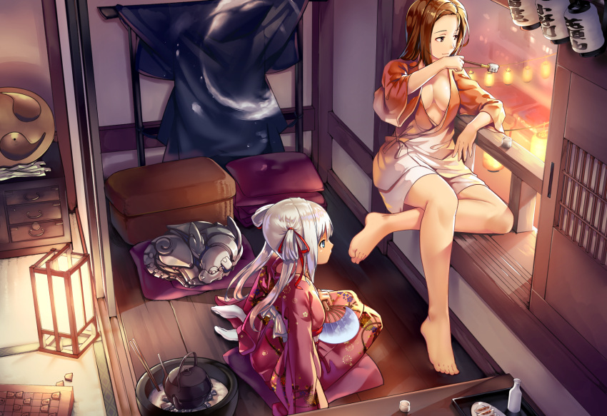 2girls bare_legs barefoot blue_eyes board_game breasts brown_eyes brown_hair chest chest_of_drawers choko_(cup) chopsticks cleavage closed_mouth crossed_legs cup cushion dark-skinned_female dark_skin full_body hair_ribbon hair_rings hand_fan highres indoors japanese_clothes kettle kimono kiseru lantern long_hair looking_outside mechanical_animal medium_breasts multiple_girls murano_(ursa_polaris) on_floor oshiro_project oshiro_project_re paper_fan paper_lantern pillow pipe profile purple_kimono red_ribbon ribbon room shogi shogi_piece short_kimono silver_hair sitting sitting_in_window sliding_doors tabi tatami tobiyama_(oshiro_project) toes tokkuri twintails uchiwa utsunomiya_(oshiro_project) windowsill wooden_floor yokozuwari zabuton