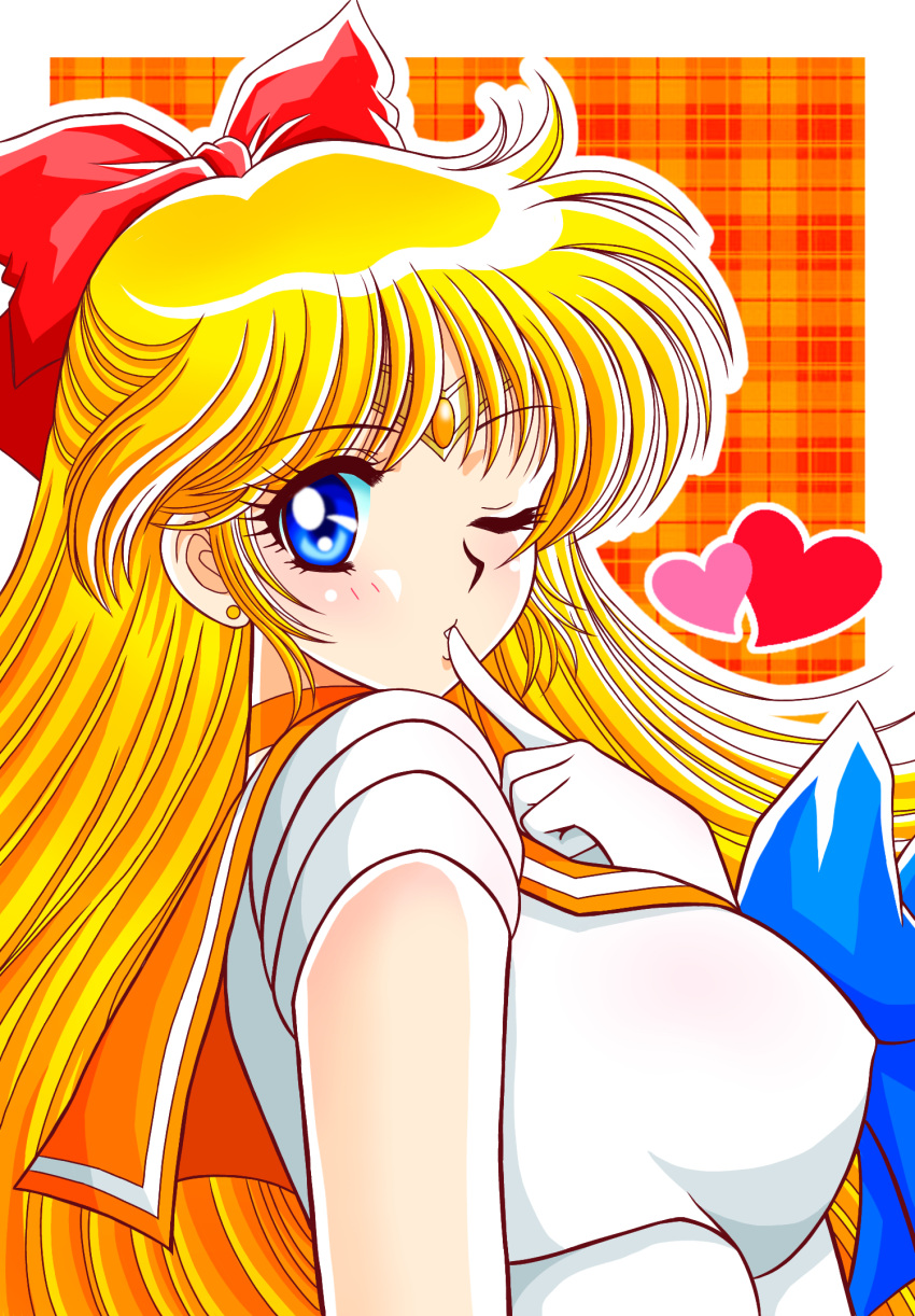 1girl aino_minako bishoujo_senshi_sailor_moon blonde_hair blue_bow blue_eyes bow choker circlet earrings finger_to_mouth gloves hair_bow heart highres jewelry long_hair looking_at_viewer magical_girl nagaigoz one_eye_closed orange_background orange_choker orange_sailor_collar parted_lips plaid plaid_background sailor_collar sailor_senshi_uniform sailor_venus shiny shiny_hair solo stud_earrings upper_body white_gloves