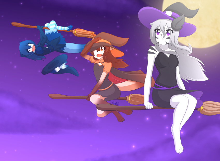 anthro ayla_(skyline) broom cleaning_tool clothing erdfurry female halloween hat headgear headwear holidays lysandra_(skyline) magic_user moon night phal_(skyline) scared scared_shitless sky skyline witch witch_hat