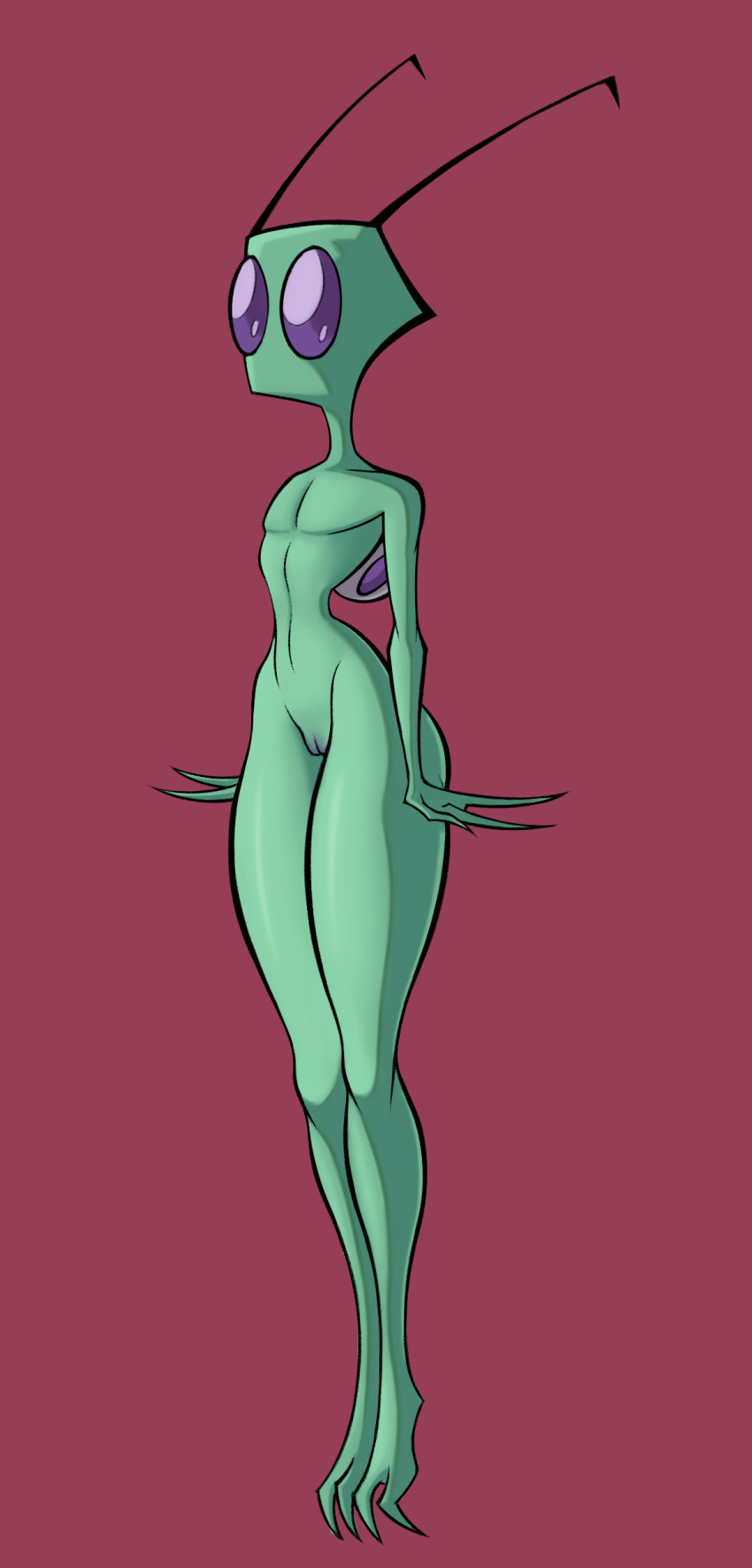 absurd_res alien alien_humanoid almighty_tallest_purple blank_stare duo flat_chested genitals green_body green_skin hi_res humanoid invader_zim irken lewdofdoom male nickelodeon not_furry nude purple_eyes simple_background solo square_head thick_thighs