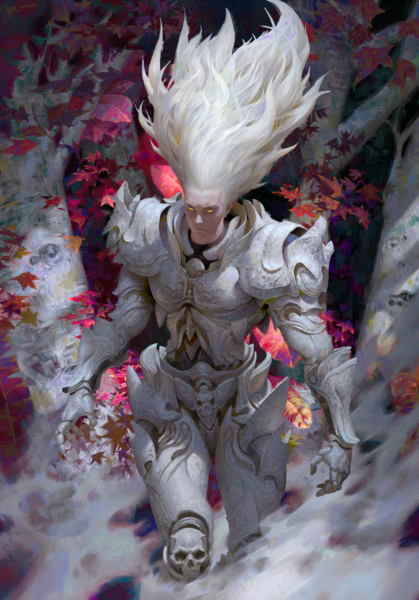 1boy absurdres armor blonde_hair breastplate closed_mouth colored_sclera earrings falling_leaves fantasy floating_hair fog forest gauntlets greaves highres jewelry leaf long_hair male_focus nature orange_sclera original outdoors painterly pauldrons platinum_blonde_hair shoulder_armor skull solo tree veins white_armor white_hair ya_lun yellow_eyes