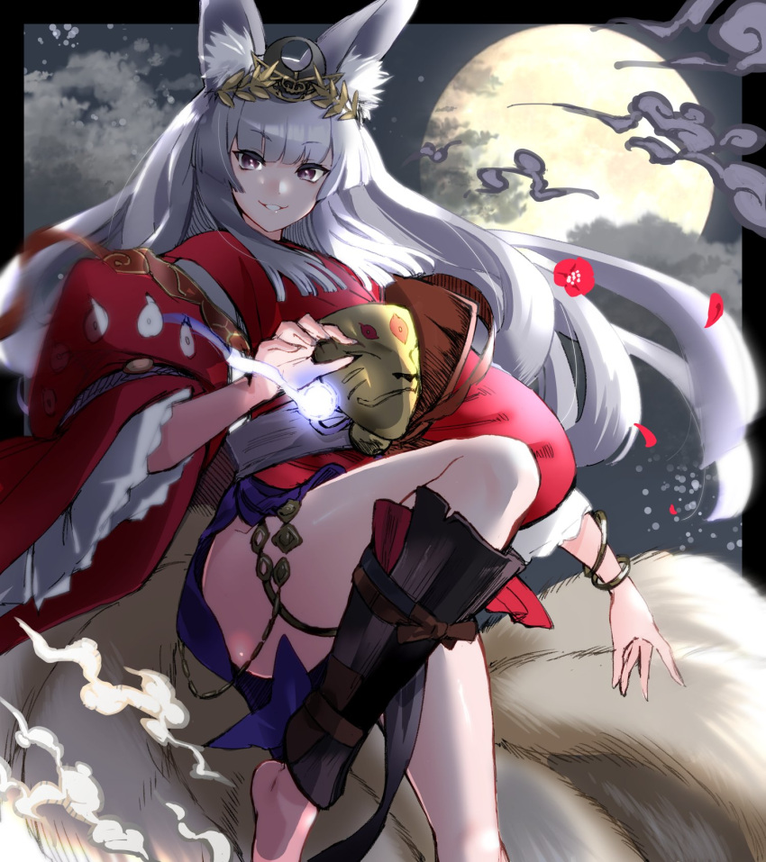 1girl animal_ear_fluff animal_ears bangs barefoot blunt_bangs blunt_ends bracelet cloud cowboy_shot escape0110 eyebrows_visible_through_hair fox_ears fox_girl fox_mask fox_tail ginsetsu_great_fox hakama hakama_skirt highres japanese_clothes jewelry kimono kitsune kyuubi laurel_crown legband long_hair long_sleeves looking_at_viewer mask miniskirt moon multiple_tails night obi petals purple_eyes purple_skirt red_kimono sash shadowverse shin_guards side_slit sidelocks silver_hair skirt smile smoke solo starry_background tail teeth very_long_hair wide_sleeves will-o'-the-wisp_(mythology)