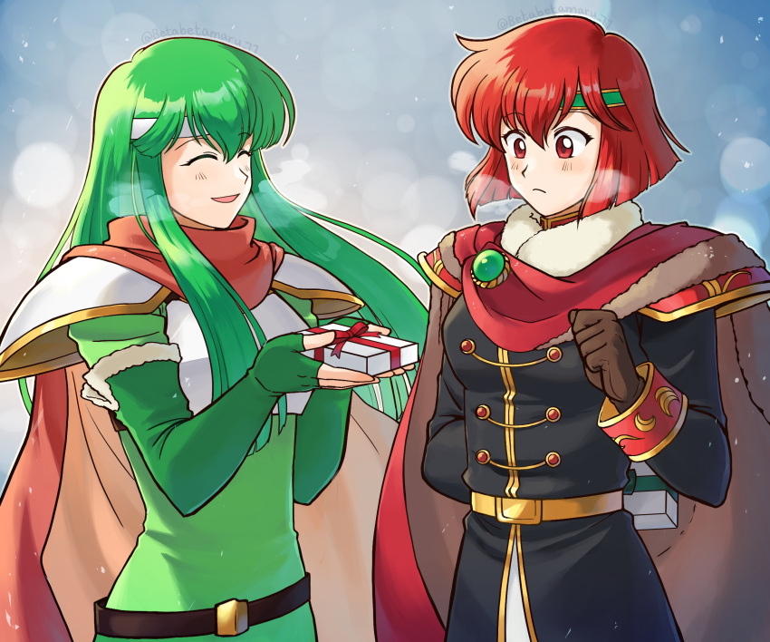 2girls armor bangs belt betabetamaru box breastplate brown_gloves cape closed_eyes closed_mouth elbow_gloves eyebrows_visible_through_hair fingerless_gloves fire_emblem fire_emblem:_mystery_of_the_emblem gift gift_box gloves green_gloves green_hair green_headband hair_between_eyes headband highres holding holding_gift minerva_(fire_emblem) multiple_girls open_mouth palla_(fire_emblem) pauldrons red_eyes red_hair short_hair shoulder_armor smile snow snowing twitter_username white_headband