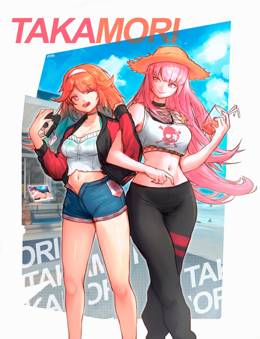 2girls bangs breasts calliope crop_top denim denim_shorts drawing earrings feather_earrings feathers gradient_hair hat highres hololive hololive_english hyminart jacket jewelry locked_arms mori_calliope multicolored_hair multiple_girls navel official_alternate_costume open_clothes open_jacket orange_hair pants pink_hair shorts smile straw_hat takanashi_kiara track_jacket track_pants virtual_youtuber yuri