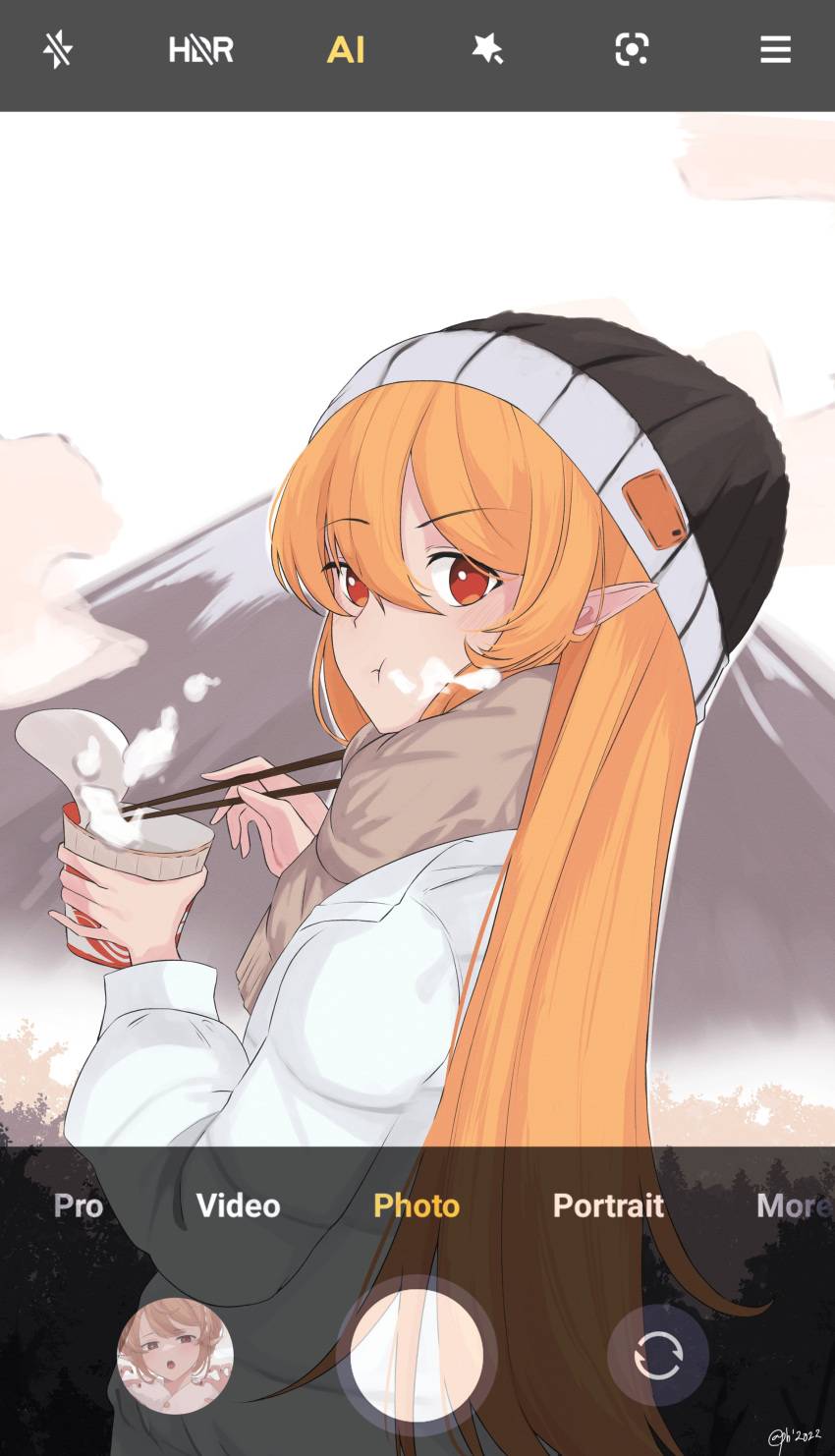 1girl absurdres bangs beanie beige_scarf black_headwear chopsticks cloud eating eyebrows_visible_through_hair hair_behind_ear hat highres holding holding_chopsticks jacket long_hair mount_fuji mountain nijisanji nijisanji_en parkiranhonda pointy_ears pomu_rainpuff sky solo very_long_hair virtual_youtuber white_jacket