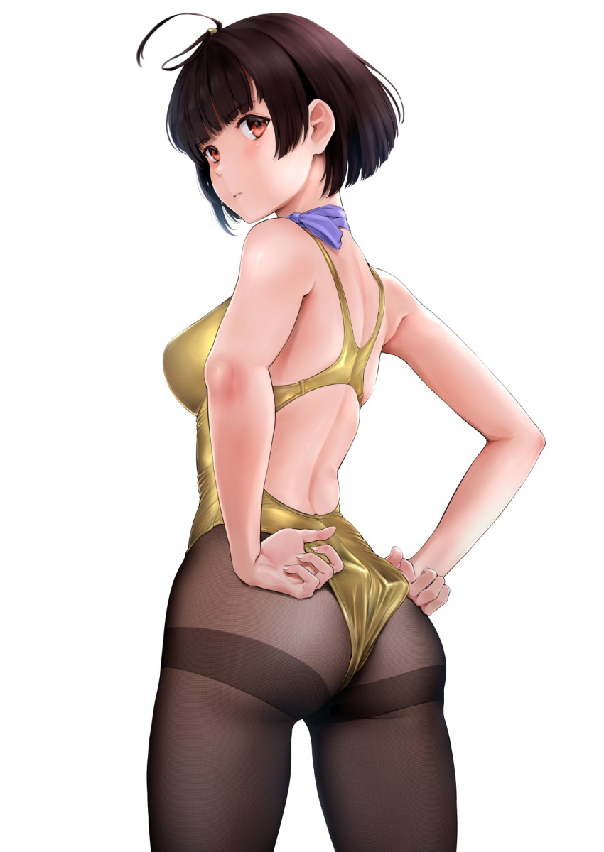 1girl adjusting_clothes adjusting_swimsuit ahoge ass black_legwear brown_eyes brown_hair commentary_request commission competition_swimsuit cowboy_shot from_behind gold_swimsuit highres koutetsujou_no_kabaneri looking_at_viewer looking_back mumei_(kabaneri) one-piece_swimsuit pantyhose short_hair simple_background solo standing swimsuit thighband_pantyhose wa_(genryusui) white_background