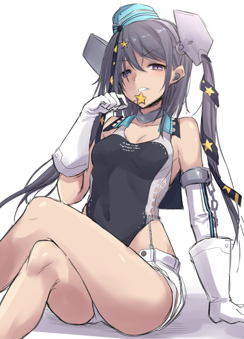 1girl absurdres aqua_headwear black_swimsuit blush candy clenched_teeth collarbone competition_swimsuit eyebrows_visible_through_hair feet_out_of_frame food garrison_cap gloves grey_hair hair_between_eyes hair_ornament hat headgear highleg highleg_swimsuit highres holding holding_candy holding_food kantai_collection kokutou_nikke long_hair one-piece_swimsuit purple_eyes scamp_(kancolle) short_shorts shorts side_ponytail simple_background solo star_(symbol) star_hair_ornament swimsuit teeth white_background white_gloves white_shorts