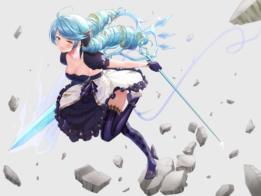 1girl ahoge bangs black_dress blue_eyes blue_hair blush breasts cleavage collarbone detached_sleeves dress drill_hair gloves glowing gwen_(league_of_legends) highres holding holding_needle league_of_legends long_hair looking_at_viewer needle oversized_object puffy_short_sleeves puffy_sleeves scissors shiny shiny_skin short_sleeves smile solo stone twin_drills twintails veca white_dress