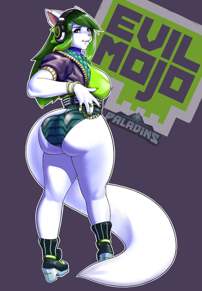 absurd_res anthro belt big_butt big_tail boots bracelet breasts butt canid canine chain clothing conditional_dnp female footwear fox fur green_hair hair headphones hi_res high_heels jewelry logo looking_at_viewer mammal panties ring salt_(paladins) simple_background solo underwear white_body white_fur xopachi