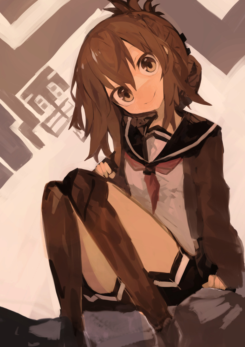 1girl absurdres black_legwear black_sailor_collar black_skirt brown_cardigan brown_eyes brown_hair cardigan character_name closed_mouth folded_ponytail hair_between_eyes highres inazuma_(kancolle) kaamin_(mariarose753) kanji kantai_collection long_hair long_sleeves neckerchief open_cardigan open_clothes pleated_skirt red_neckerchief sailor_collar school_uniform serafuku skirt smile solo thighhighs