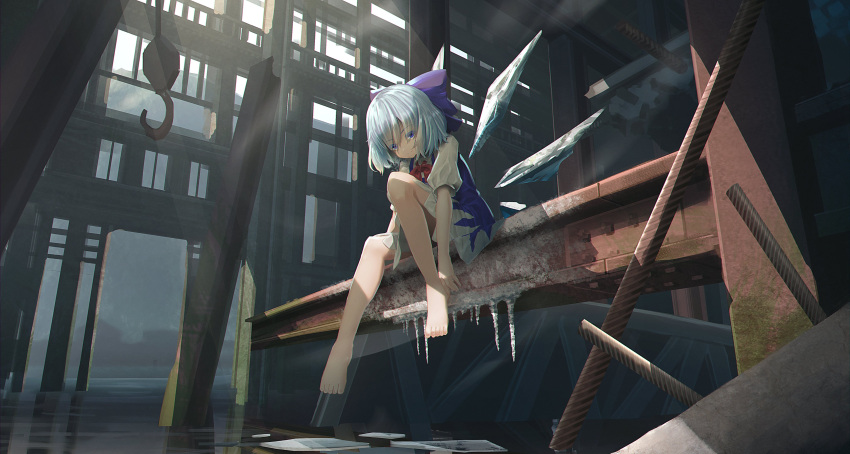 1girl absurdres barefoot blue_bow blue_dress blue_eyes blue_hair bow cirno closed_mouth collared_shirt detached_wings dress eyebrows_visible_through_hair fairy hair_bow highres ice ice_wings puffy_short_sleeves puffy_sleeves ryosios shirt short_hair short_sleeves sitting smile solo touhou white_shirt wings