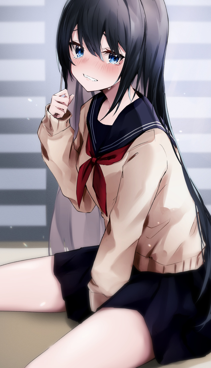 1girl absurdres bangs between_legs black_hair blue_eyes blue_sailor_collar blue_skirt blush brown_sweater clenched_teeth commentary_request hand_between_legs hand_up highres indoors long_hair long_sleeves miniskirt nanashinayuzu_mochi neckerchief original pleated_skirt red_neckerchief sailor_collar school_uniform serafuku sitting skirt sleeves_past_wrists solo sweater tearing_up teeth very_long_hair