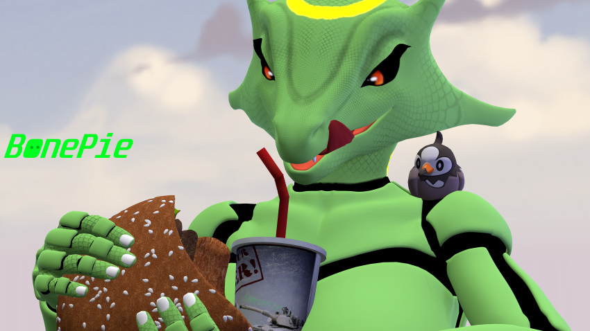 3d_(artwork) absurd_res anthro avian beverage bonepie burger carrying digital_media_(artwork) dragon female feral food hi_res legendary_pok&eacute;mon licking licking_lips nintendo on_shoulders pok&eacute;mon pok&eacute;mon_(species) rayquaza soda solo source_filmmaker starly tongue tongue_out video_games