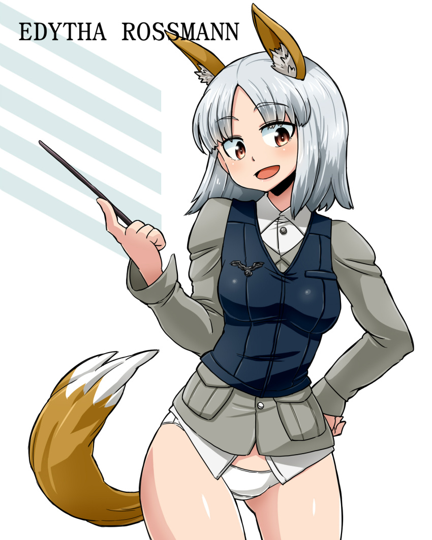 1girl animal_ears aono3 bangs black_vest brave_witches brown_eyes character_name cowboy_shot crotch_seam dress_shirt edytha_rossmann eyebrows_visible_through_hair fox_ears fox_tail grey_jacket hand_on_hip head_tilt highres holding jacket looking_at_viewer military military_uniform no_pants open_mouth panties pointer shirt short_hair silver_hair simple_background smile solo standing tail underwear uniform vest white_background white_panties white_shirt wing_collar world_witches_series