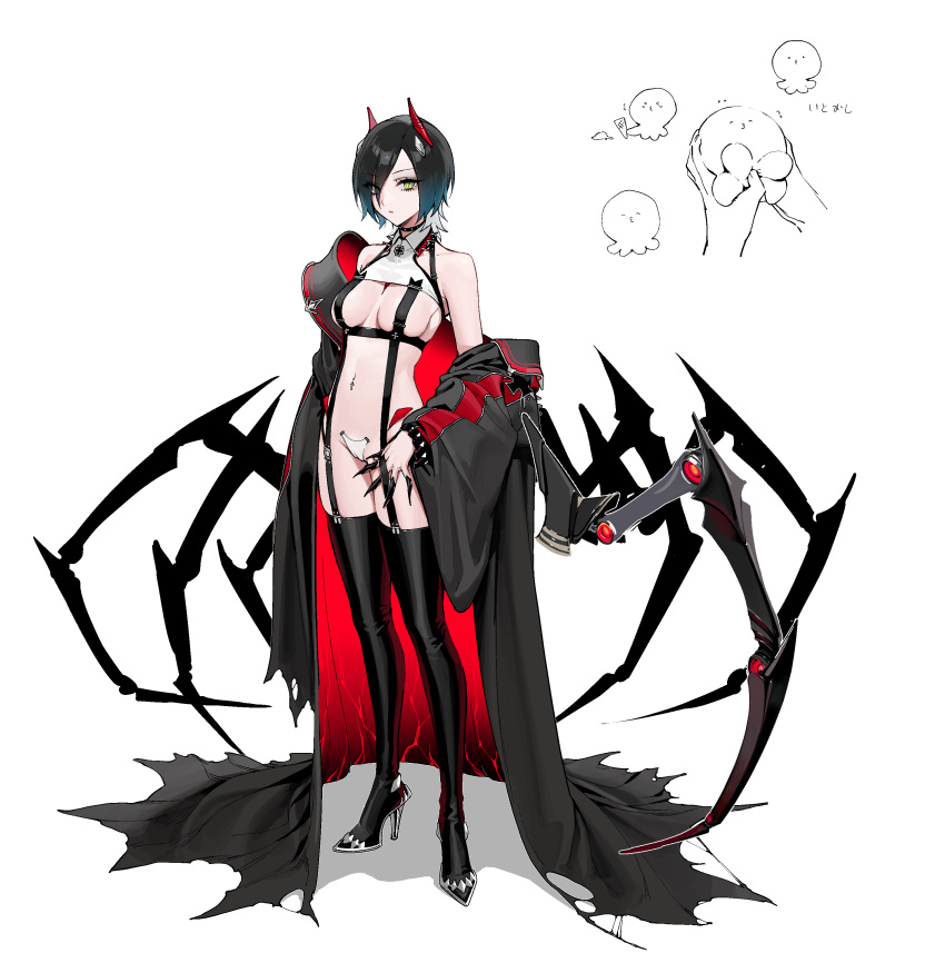 1girl absurdres arthropod_legs azur_lane bangs bare_shoulders black_choker black_hair black_legwear black_robe breasts cameltoe choker clothing_request cross_piercing eyebrows_visible_through_hair full_body hair_over_one_eye high_heels highres horns jacket large_breasts long_sleeves looking_at_viewer multicolored_hair navel o-ring ohisashiburi red_horns short_hair simple_background skindentation slit_pupils spikes standing thighhighs translation_request two-tone_hair ulrich_von_hutten_(azur_lane) yellow_eyes