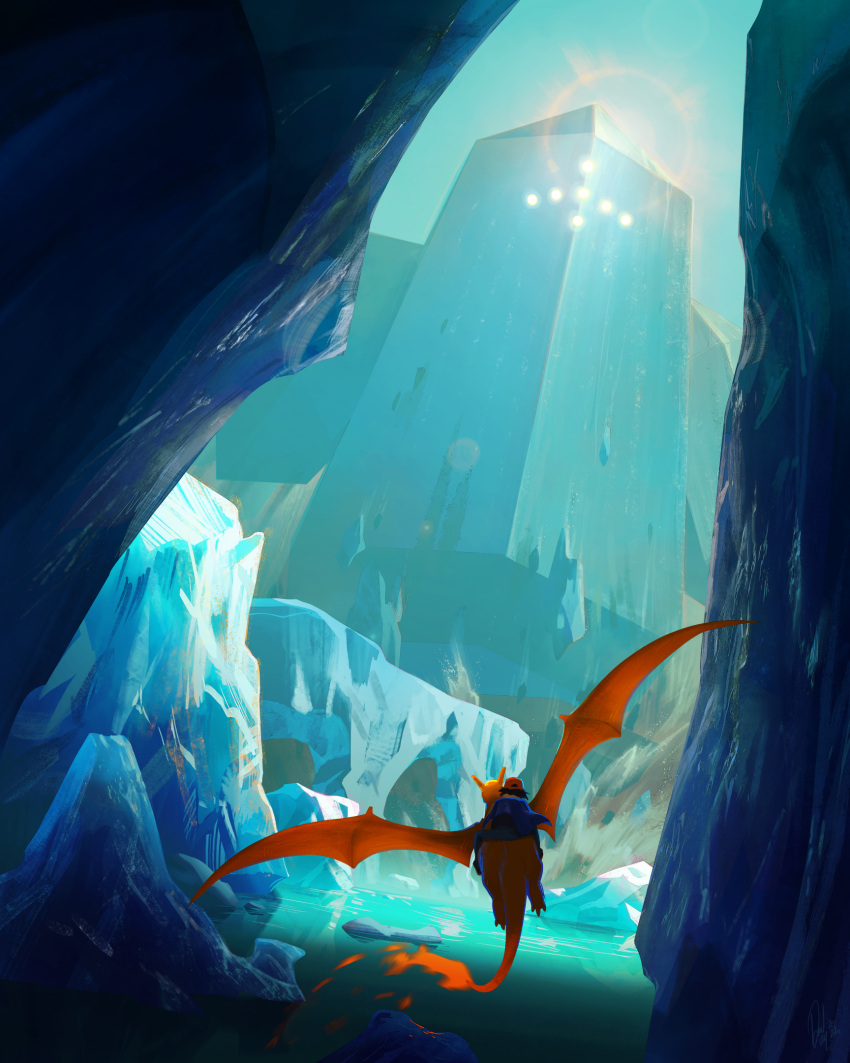 1boy ash_ketchum blue_jacket cave charizard commentary devin_elle_kurtz fire flame flying giant glowing glowing_eyes highres jacket male_focus pants pokemon pokemon_(anime) pokemon_(classic_anime) pokemon_(creature) regice riding riding_pokemon sitting