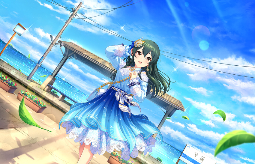 1girl artist_request bag bangs bare_shoulders blue_skirt blue_sky blush breasts brown_eyes cloud day earrings gradient_skirt green_hair hair_between_eyes hair_ornament idolmaster idolmaster_cinderella_girls idolmaster_cinderella_girls_starlight_stage jewelry lace-trimmed_skirt lace_trim leaf long_hair long_skirt long_sleeves looking_at_viewer ocean official_art ooishi_izumi open_mouth outdoors skirt sky smile solo sunlight