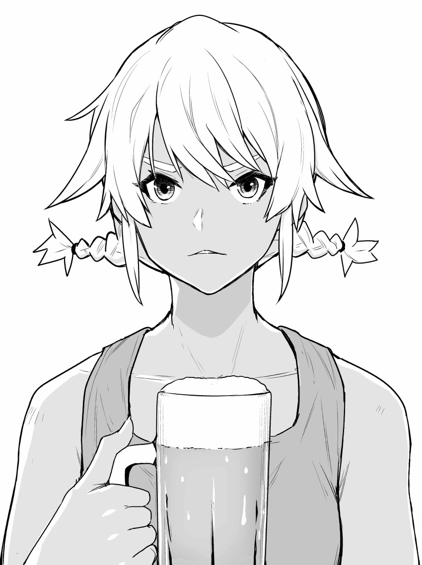1girl absurdres alcohol bangs bare_shoulders beer beer_mug collarbone cup dark-skinned_female dark_skin flying_witch greyscale highres holding holding_cup ishizuka_chihiro kowata_akane looking_at_viewer monochrome mug parted_lips shirt sidelocks simple_background sleeveless sleeveless_shirt solo swept_bangs twintails upper_body v-shaped_eyebrows white_background white_hair
