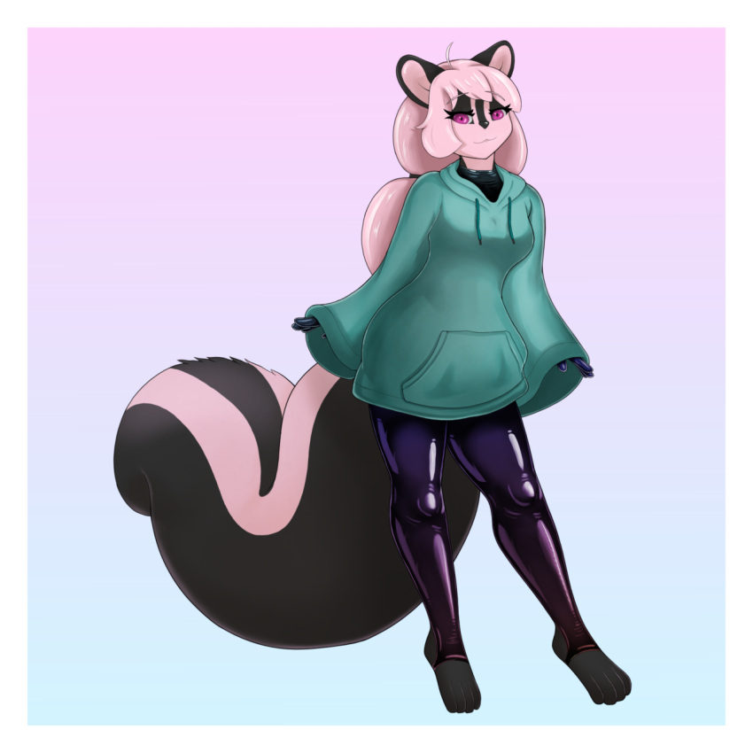 ahoge anthro big_tail breasts clothed clothing digital_media_(artwork) dutchsyndicalist footwear green_clothing green_topwear hair hi_res latex looking_at_viewer mammal mephitid pink_body pink_eyes pink_hair pink_skin rubber simple_background skunk smile socks solo stirrup_socks sweater topwear trans_(lore) trans_woman_(lore)