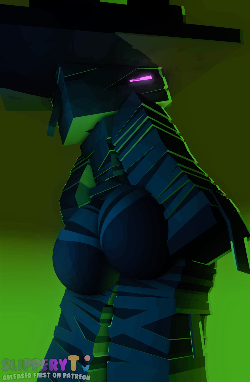 3d_(artwork) absurd_res ambiguous_gender big_butt butt clothed clothing costume digital_media_(artwork) enderman gradient_background green_background hat headgear headwear hi_res humanoid looking_at_viewer looking_back looking_back_at_viewer marie_(slipperyt) microsoft minecraft mojang mummy_costume purple_eyes rear_view simple_background skimpy slipperyt solo video_games witch_hat xbox_game_studios