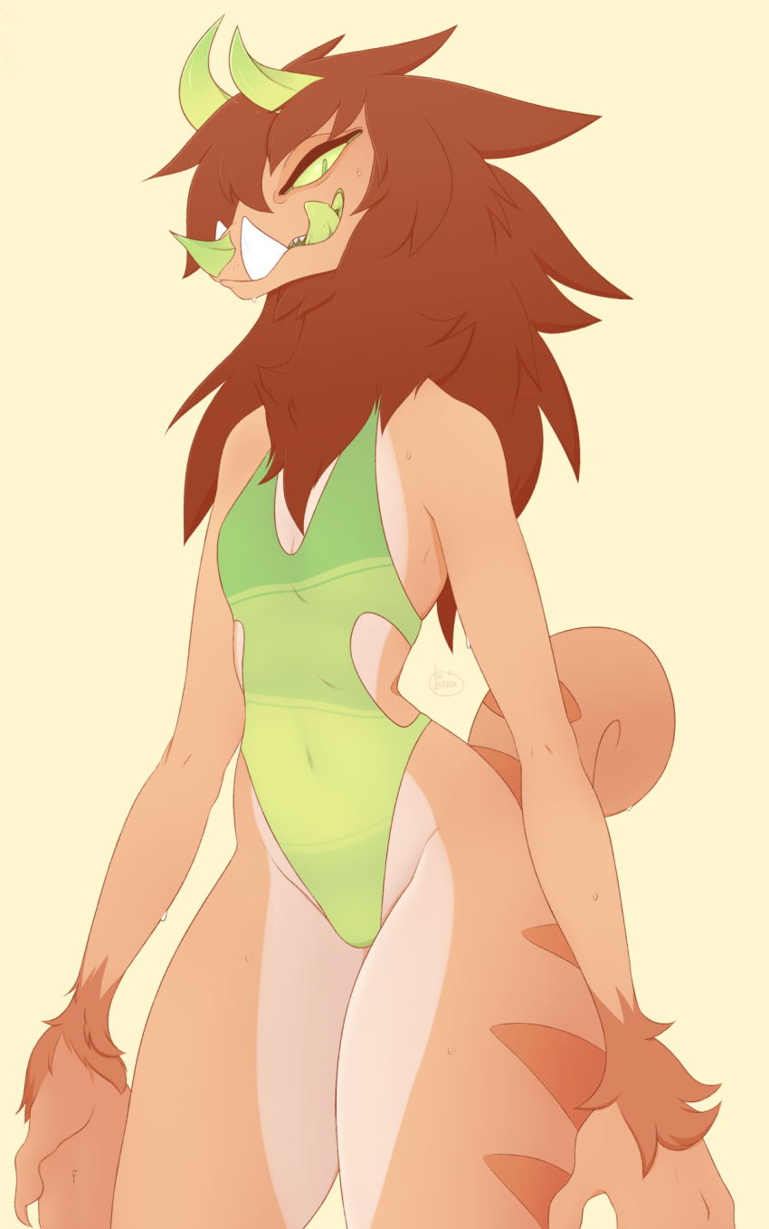 anthro brown_body brown_hair chameleon chimereon clair_(seel_kaiser) clothing female green_eyes green_tongue hair hi_res horn jackson's_chameleon licking licking_lips lizard multicolored_body nextel one-piece_swimsuit reptile scalie simple_background smile solo standing swimwear teeth tongue tongue_out tusks two_tone_body