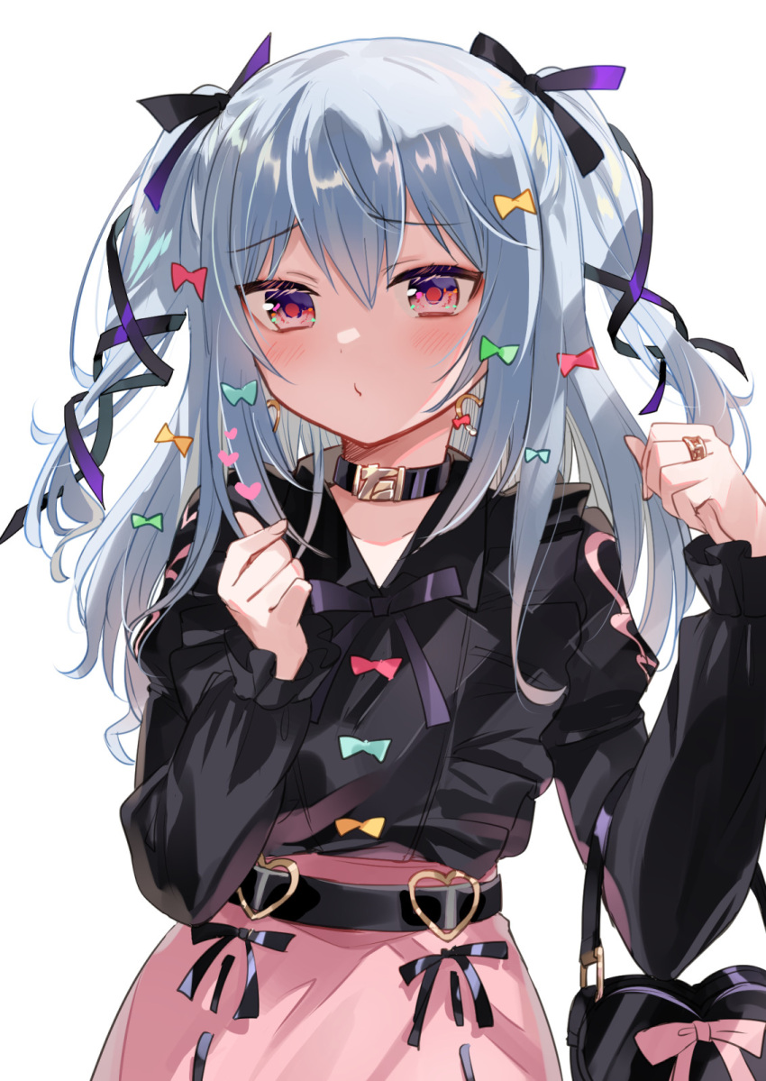 1boy blush choker commentary_request earrings eyebrows_visible_through_hair hair_between_eyes heart heart_earrings highres inuyama_tamaki jewelry long_hair long_sleeves looking_at_viewer male_focus noripro otoko_no_ko pout simple_background solo tyuraba upper_body virtual_youtuber white_background