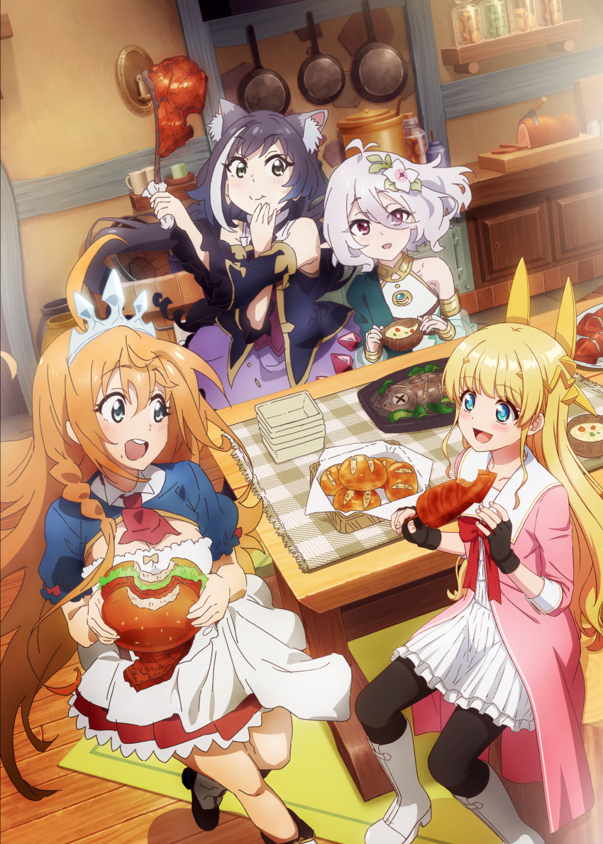 4girls absurdres ahoge animal_ear_fluff animal_ears antenna_hair bangs black_hair black_legwear blonde_hair blue_eyes blue_sleeves boots bread brown_hair burger cat_ears cat_girl crossover dutch_angle eating elf eyebrows_visible_through_hair fantasy_bishoujo_juniku_ojisan_to flower food green_eyes grilled_fish hair_flower hair_ornament highres karyl_(princess_connect!) kitchen knee_boots kokkoro_(princess_connect!) long_hair low_twintails multicolored_hair multiple_girls official_art pantyhose pecorine_(princess_connect!) pointy_ears princess_connect! purple_eyes short_hair squid steak streaked_hair table tachibana_hinata_(fantasy_bishoujo) twintails