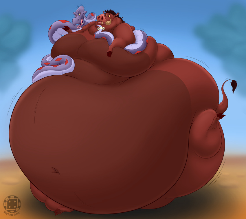 2021 bandage belly big_belly big_chest coiling dino.d.dice disney duo eye_contact feral hi_res hyper hyper_belly looking_at_another male mammal navel obese obese_feral obese_male one_leg_up open_mouth overweight overweight_feral overweight_male pumbaa raised_leg raised_tail ralph_(timon_and_pumbaa) reptile scalie sitting snake suid suina the_lion_king timon_and_pumbaa tongue tongue_out warthog