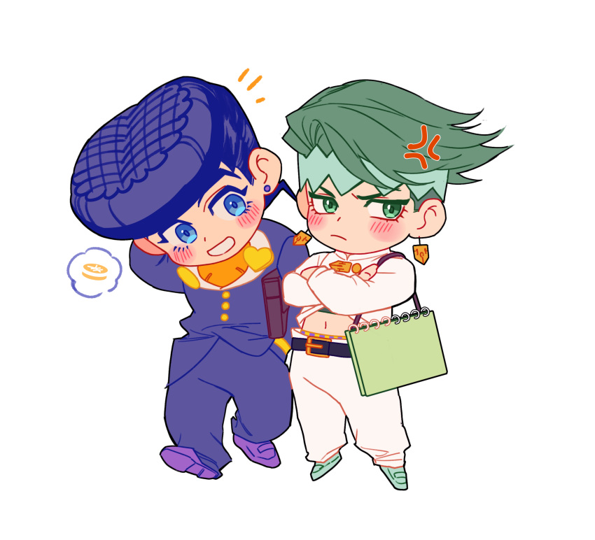 2boys absurdres al_(ahr) anger_vein blue_eyes blue_hair blush chibi crossed_arms diamond_wa_kudakenai earrings gakuran green_eyes green_hair higashikata_josuke highres jewelry jojo_no_kimyou_na_bouken kishibe_rohan male_focus midriff multiple_boys pompadour purple_eyes purple_hair school_uniform