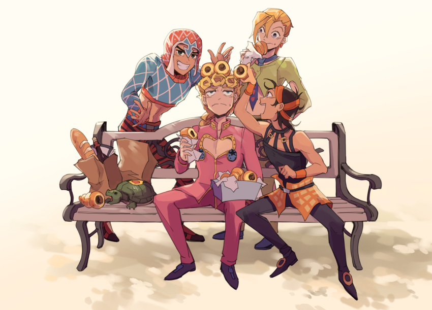 4boys annoyed bag baguette bench black_hair blonde_hair bread chocolate_cornet coco_jumbo dorayaki eating food giorno_giovanna groceries grocery_bag guido_mista hat highres jojo_no_kimyou_na_bouken multiple_boys narancia_ghirga norue pannacotta_fugo paper_bag shopping_bag sitting snack turtle vento_aureo wagashi