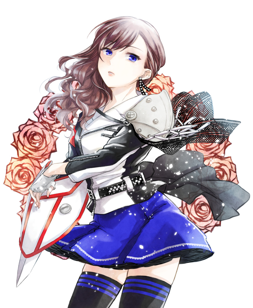 1girl arm_shield armor bangs belt belt_buckle black_belt black_jacket black_legwear blue_eyes blue_skirt brown_hair buckle commentary_request cowboy_shot earrings eyebrows_visible_through_hair falling_petals fingerless_gloves floating_hair floral_background flower gloves hair_behind_ear hair_over_shoulder hand_up head_tilt highres jacket jewelry long_hair long_sleeves looking_at_viewer miniskirt parted_lips pauldrons petals pink_flower pink_rose rose shoujo_kageki_revue_starlight shoulder_armor single_pauldron skirt solo standing striped striped_legwear swept_bangs tareko thighhighs waist_cape wavy_hair white_background white_gloves white_jacket yanagi_koharu yellow_flower yellow_rose zipper zipper_pull_tab